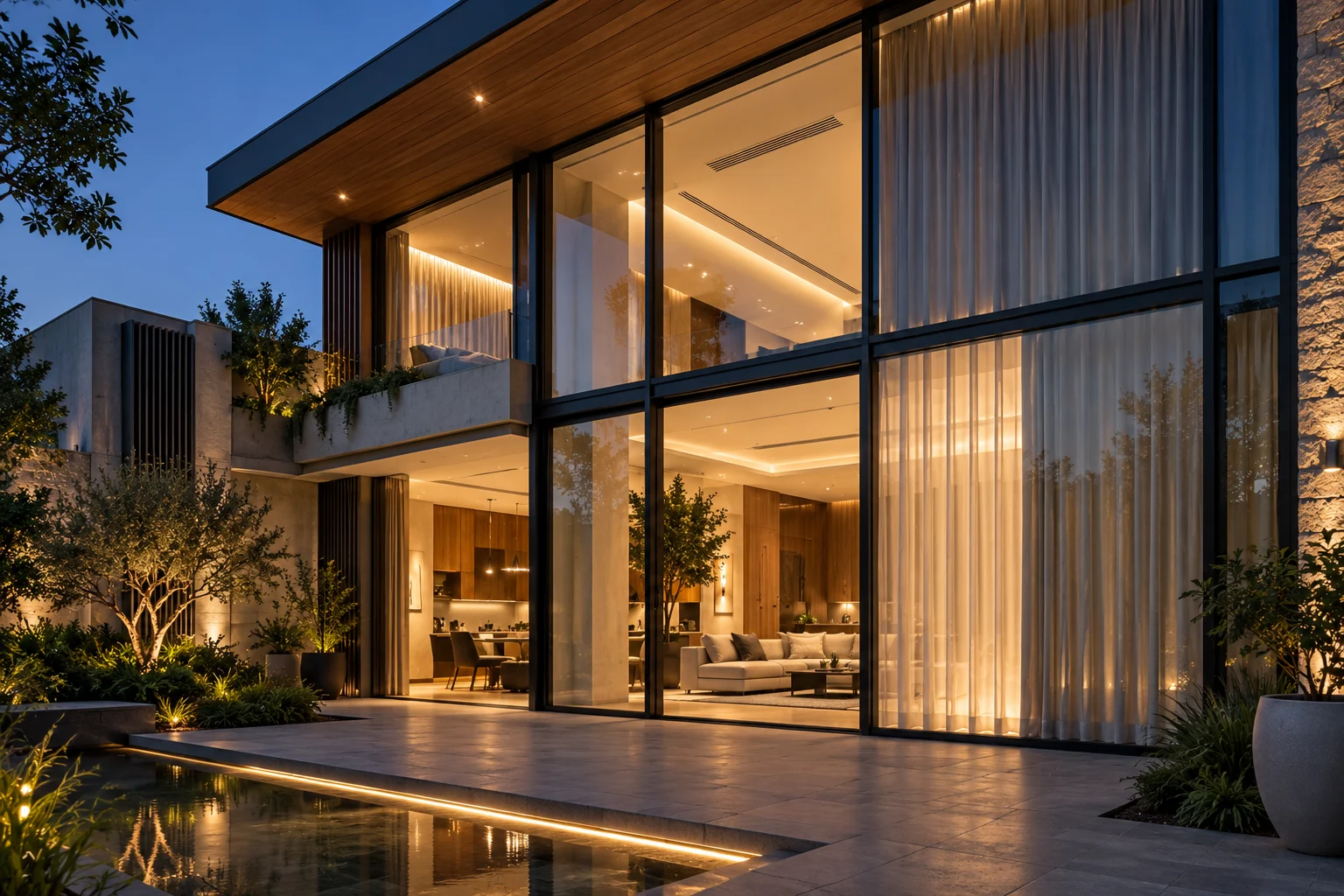 Luxury living room with automated curtains and climate control