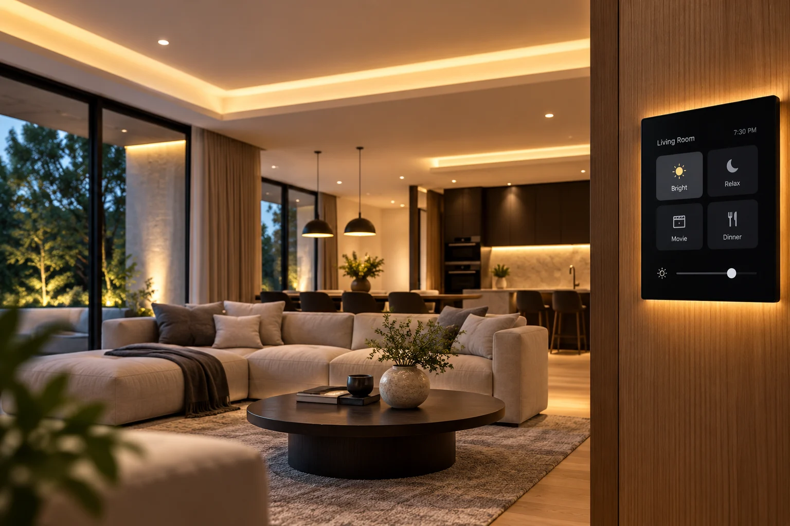 Contemporary interior with architectural lighting and smart wall switches