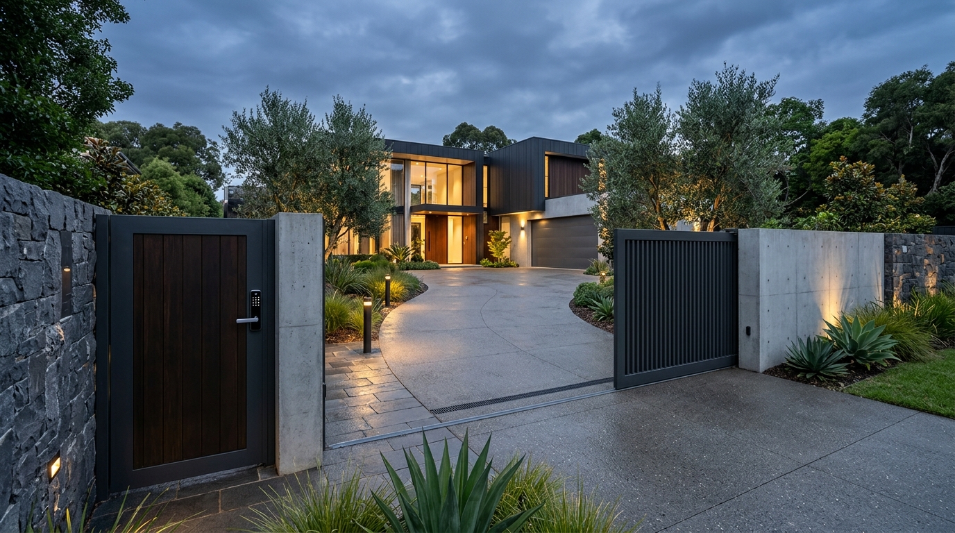 Modern residential entrance with an automated gate and smart access system