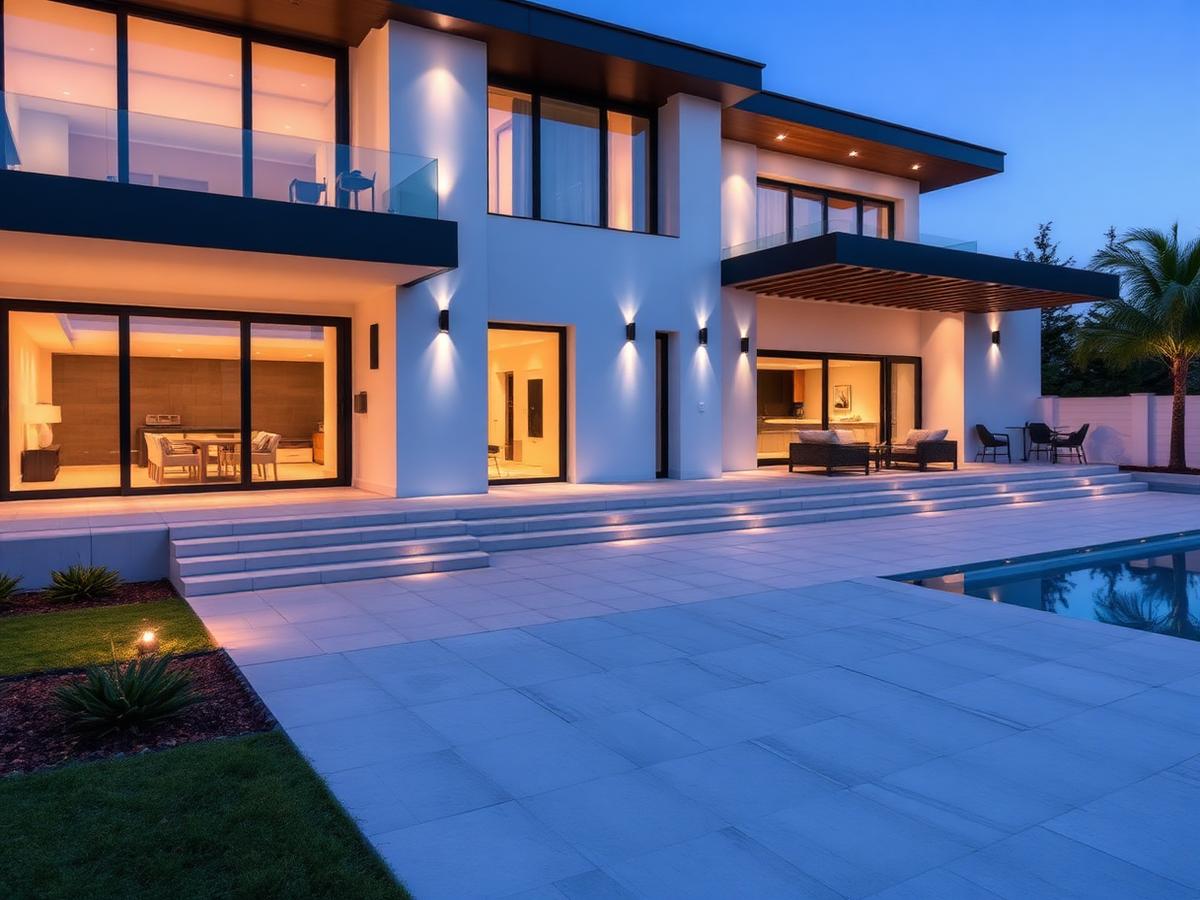 Modern luxury villa exterior at dusk with automated exterior lighting